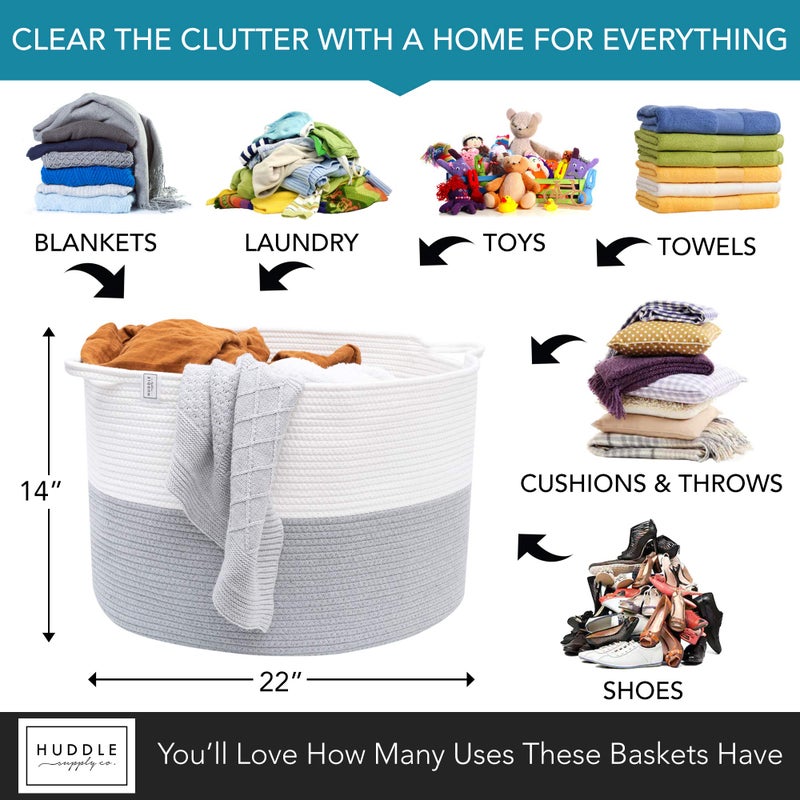 Huddle Supply Co XXXL WASHABLE Large Blanket Basket 85L 2PCs Handmade Decorative Woven Baskets for Storage - Soft Durable XXX Large Cotton Rope Blanket Storage for Living Room, Toys, Organizer 22" x 14" (Grey/White) - Image 5